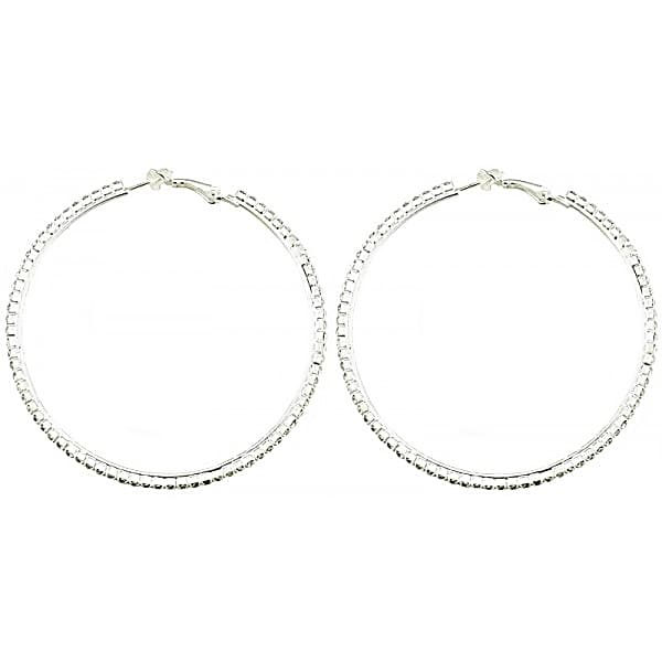 Glittrande Silver Örhängen -Hoop med Vit Strass/Rhinestones 7 cm
