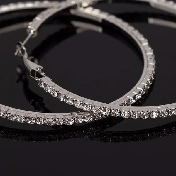 Glittrande Silver Örhängen -Hoop med Vit Strass/Rhinestones 9 cm