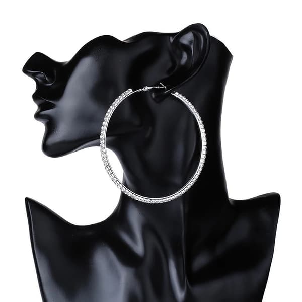 Glittrande Silver Örhängen -Hoop med Vit Strass/Rhinestones 9 cm