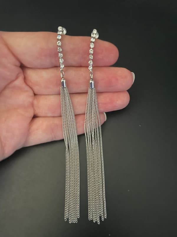 Glittrande Långa Silver Örhängen med Kedjor & Strass/Rhinestones