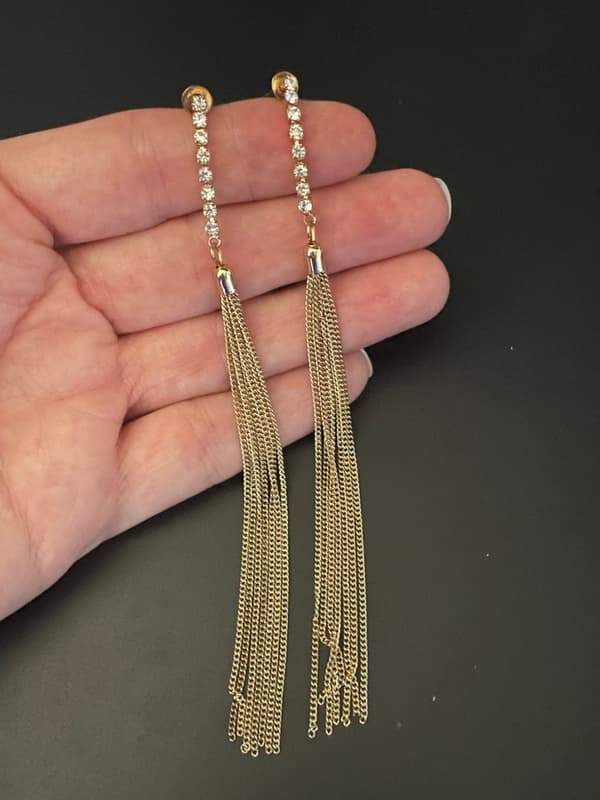 Glittrande Långa Guld Örhängen med Kedjor & Strass/Rhinestones