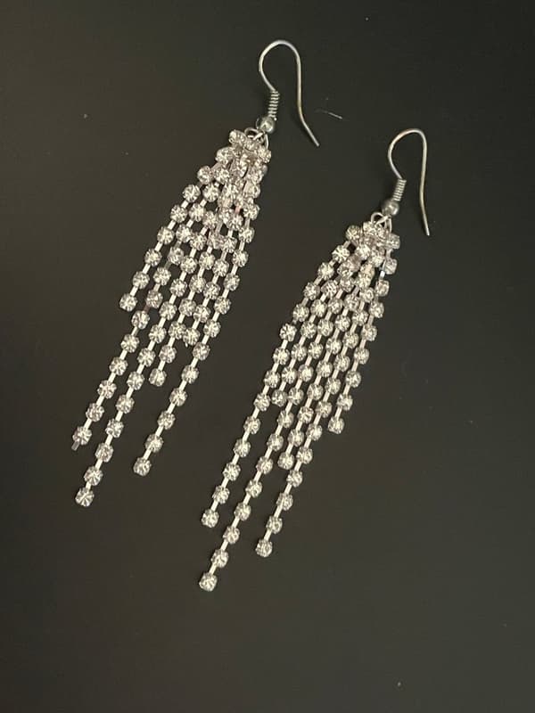 Glittrande Långa Silver Örhängen med Kedjor & Strass/Rhinestones