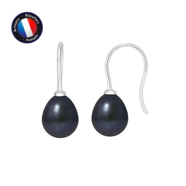 PERLINEA - Hook Örhängen - Äkta svarta sötvattenskulturpärlor 7-8 mm - Vitguld - Damsmycken