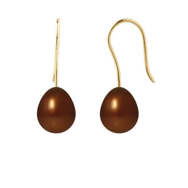 Örhängen - PERLINEA - Päron 7-8 mm Choklad - Gult Guld - AAA+ - Krok