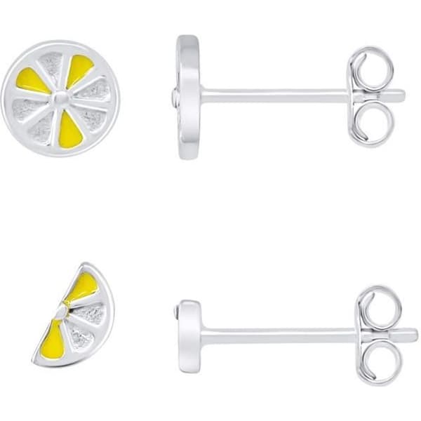 Örhängen - LÉA &amp; ARTHUR - HEL CITRON &amp; 1-2 - Silver 925 - Gul/Vit emalj - Stift/Knopp