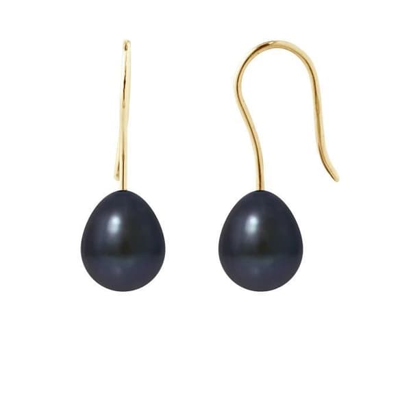 Örhängen - PERLINEA - Äkta svarta odlade pärlor 7-8 mm - Gult guld - Krok