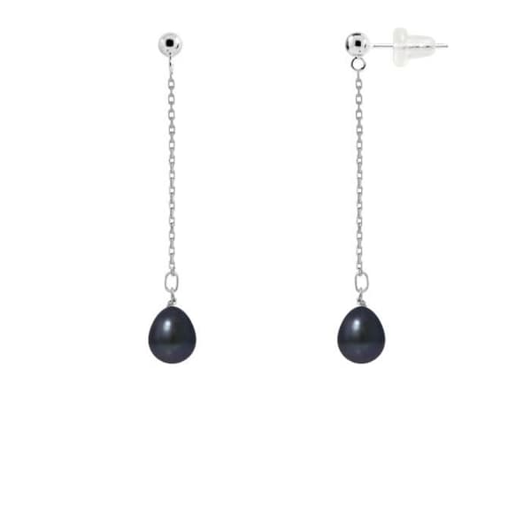 Örhängen - PERLINEA - Äkta svarta odlade pärlor 7-8 mm - Vitguld - 2 års garanti