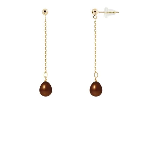Dinglar örhängen - PERLINEA - Äkta odlade pärlor - 7-8 mm choklad - Gult guld - AAA+