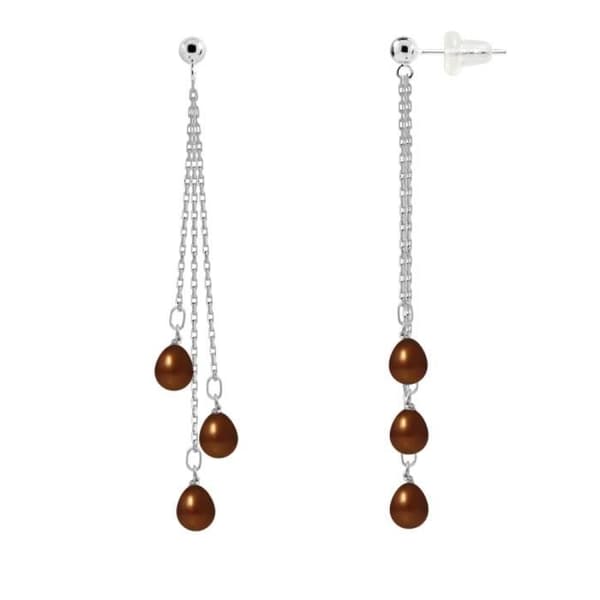 Dinglar örhängen - PERLINEA - Äkta odlade pärlor - Vitguld - Choklad - 5-6 mm