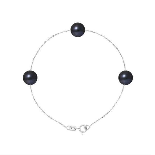 Armband - PERLINEA - 3 sötvattensodlade pärlor 7-8 mm - 925 Silver - Svart - Dam