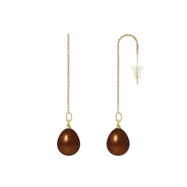 Dangling örhängen - PERLINEA - Äkta choklad odlade pärlor - 9 Cts Gult Guld - 8-9 mm