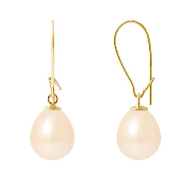 Örhängen - PERLINEA - Äkta sötvattenspärlor 9-10 mm - Gult guld - Naturrosa - AAA+