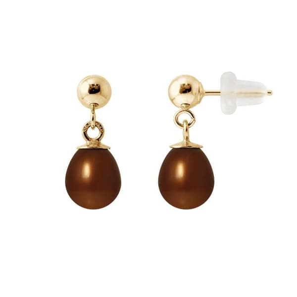 Örhängen - PERLINEA - Komett - Sötvattenpärlor 6-7 mm - Gult Guld - Choklad