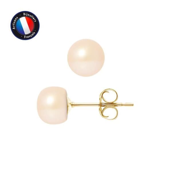 Örhängen - PERLINEA - Äkta odlade pärlor - 9 Cts Gult Guld - Naturrosa - 7-8 mm