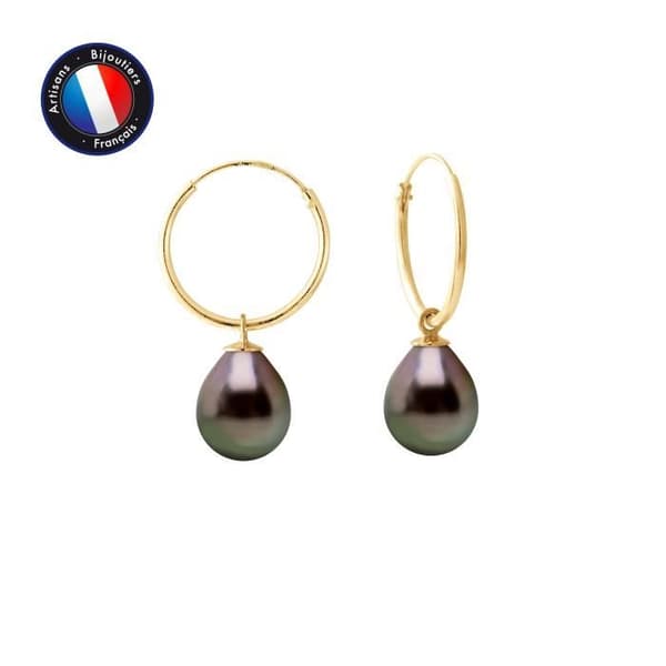 Örhängen - PERLINEA - Bohemian - Tahitiska pärlor 9-10 mm - Gult guld - Kreolskt