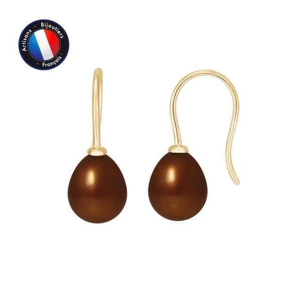 Ohrringe - PERLINEA - Äkta Sötvattenpärlor Choklad 7-8 mm - Guld 9 Karat - Häkta