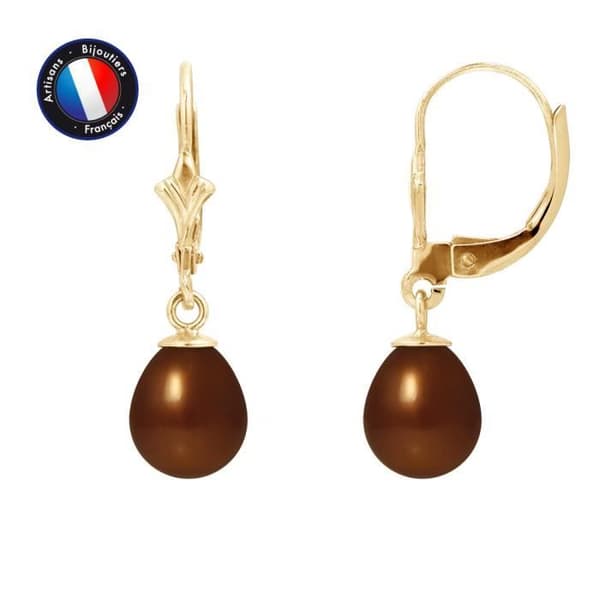 Örhängen - PERLINEA - Äkta 7-8 mm choklad sötvattenspärlor - 9 Cts gult guld - 2 års garanti