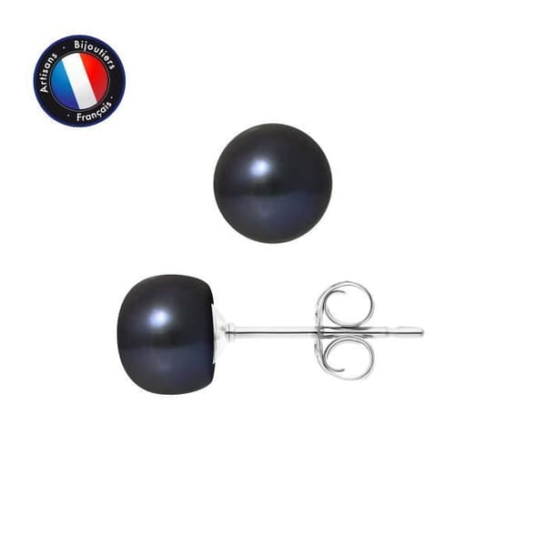 Örhängen - PERLINEA - Äkta svarta odlade pärlor - 9 Cts Vitguld - 7-8 mm - AAA+