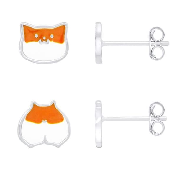 Örhängen - LÉA &amp; ARTHUR - FOX - 925 Silver - Orange/Vit Emalj - Stud/Pulce