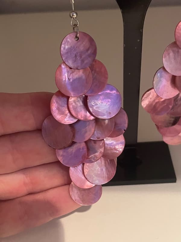 Långa Statement Silver Örhängen med Rosa Pärlemor Skimmer