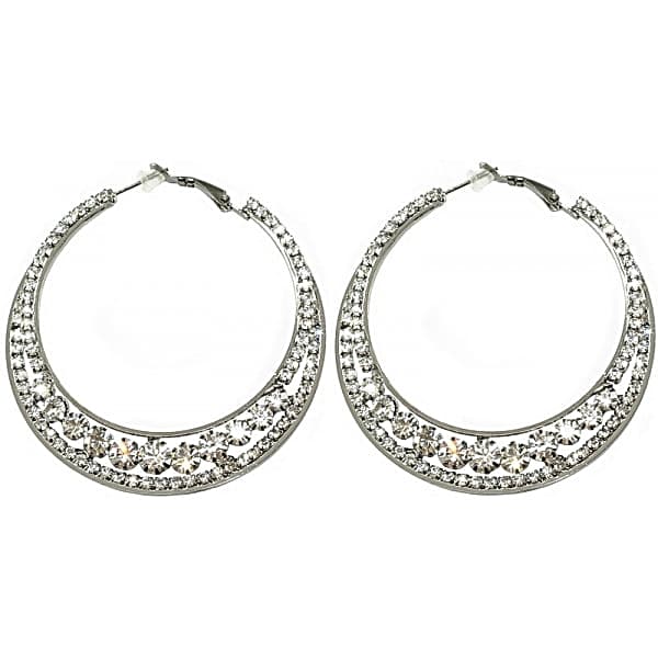 Glittrande Mörka Silver Örhängen - Hoop med Vit Strass - 6 cm