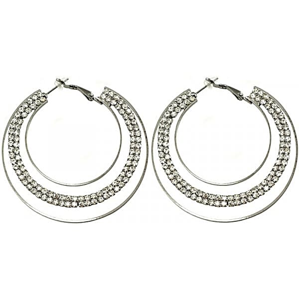 Glittrande Mörka Silver Örhängen - Hoop med Vit Strass - 6 cm