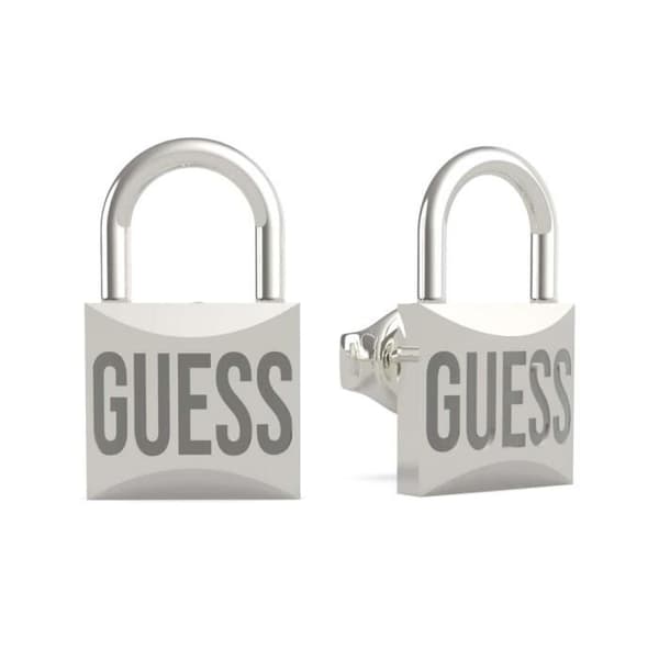 GUESS Lock Me Up örhänge rodium UBE20056 rostfritt stål pläterade bokstäver hänglås logotyp