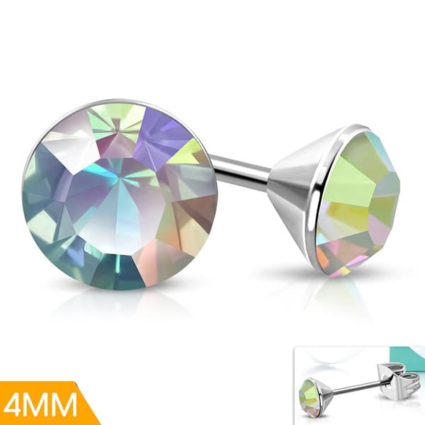Stiftörhängen Stud Örhängen i Kirurgiskt Stål 316L i Silver Färg med Rund Aurore Boreale Stellux Kristall - 4 mm