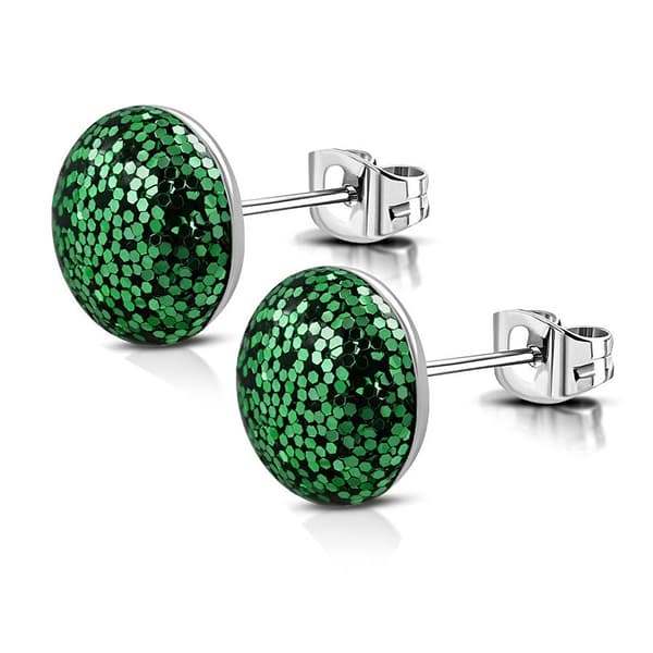 Stiftörhängen Stud Örhängen i Kirurgiskt Stål 316L i Silver Färg - Cirkel med Mörk Grönt Glitter - 8 mm