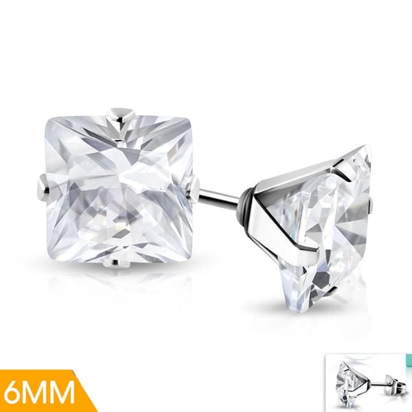 Stiftörhängen Stud Örhängen i Kirurgiskt Stål 316L i Silver Färg med Fyrkantig Vit/Klar Cubic Zircon Kristall - 6 mm
