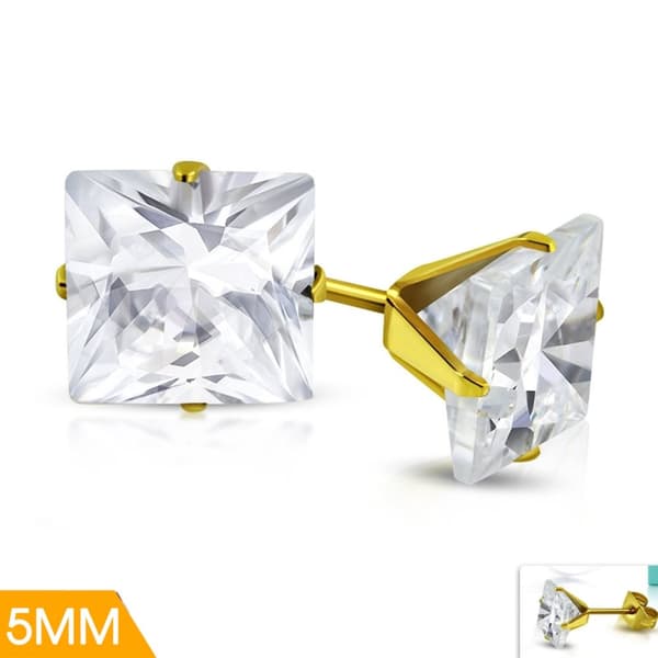 Stiftörhängen Stud Örhängen i Kirurgiskt Stål 316L i Guld Färg med Fyrkantig Vit/Klar Cubic Zircon Kristall - 5 mm