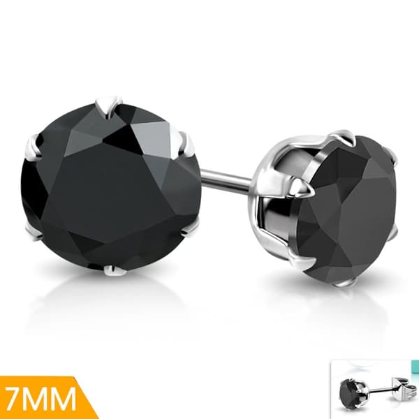 Stiftörhängen Stål 316L Rund svarta Cubic Zircon 7 mm