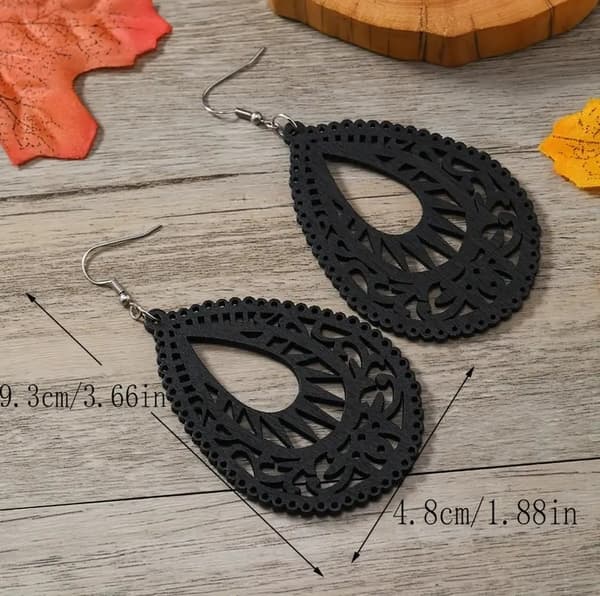 Earrings - Drop - Wood - Black - Oversize