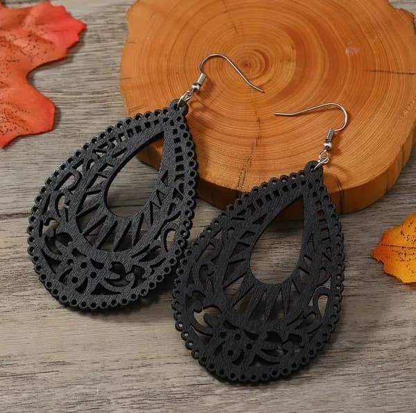 Earrings - Drop - Wood - Black - Oversize