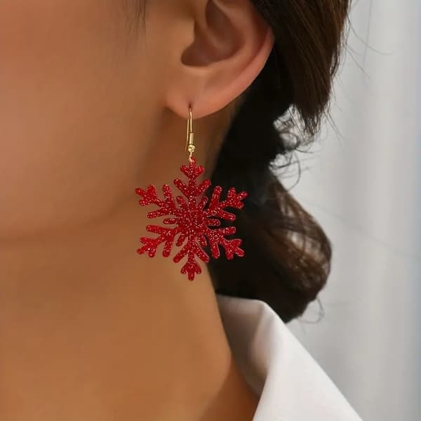 Earrings - Snowflake - Red - Wood - Oversize
