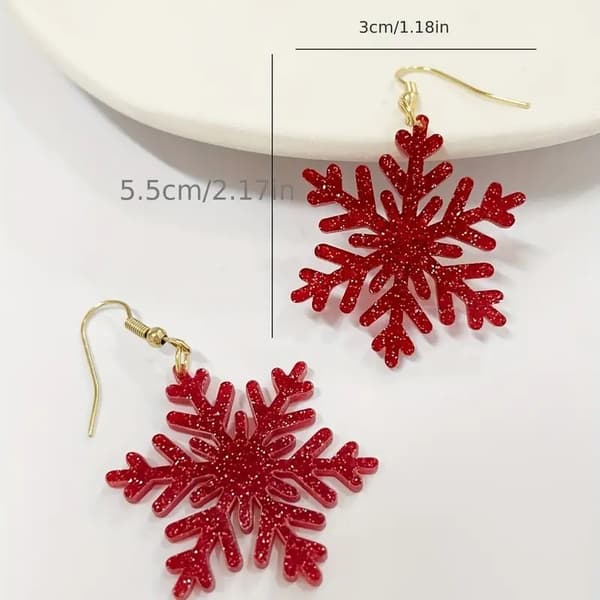 Earrings - Snowflake - Red - Wood - Oversize
