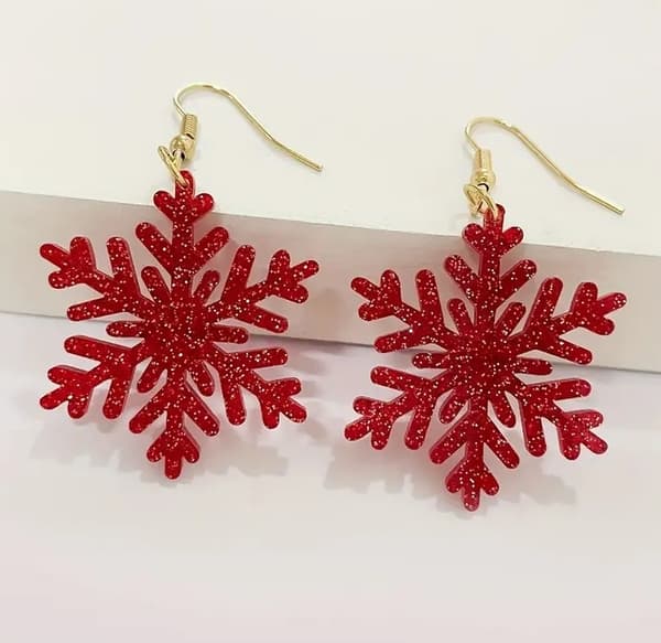 Earrings - Snowflake - Red - Wood - Oversize