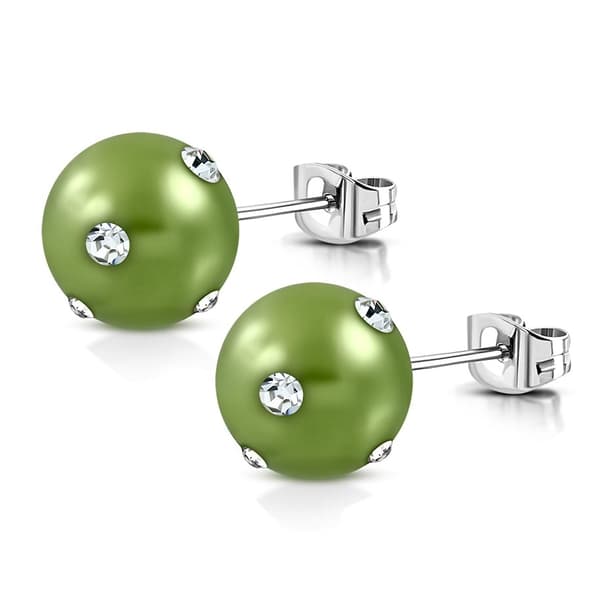 Stiftörhängen Stud Örhängen i Kirurgiskt Stål 316L i Silver Färg med Olivgrön Pärla & Klara Cubic Zirconia - 10 mm