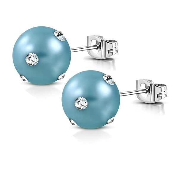Stiftörhängen Stud Örhängen i Kirurgiskt Stål 316L i Silver Färg med Mörk Turkos Pärla & Klara Cubic Zirconia - 8 mm