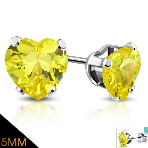 Stiftörhängen Stud Örhängen i Kirurgiskt Stål 316L i Silver Färg - Hjärta / Hjärtformad Gul Cubic Zircon - 5 mm