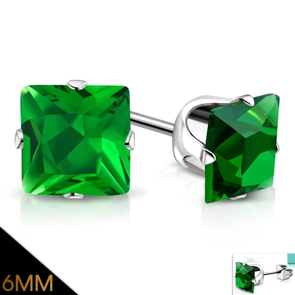 Stiftörhängen Stud Örhängen i Kirurgiskt Stål 316L i Silver Färg med Fyrkantig Grön Cubic Zircon Kristall - 6 mm