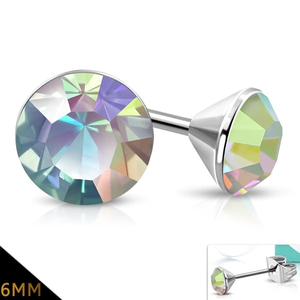 Stiftörhängen Stål 316L Rund Regnbågsskimrande Cubic Zircon 6 mm