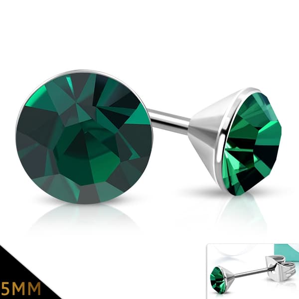 Stiftörhängen Stål 316L Rund Emeraldgrön Cubic Zircon 5 mm