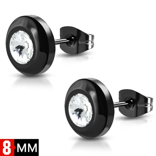 Svarta Stiftörhängen Stål 316L 8 mm Rund  klar Cubic Zircon