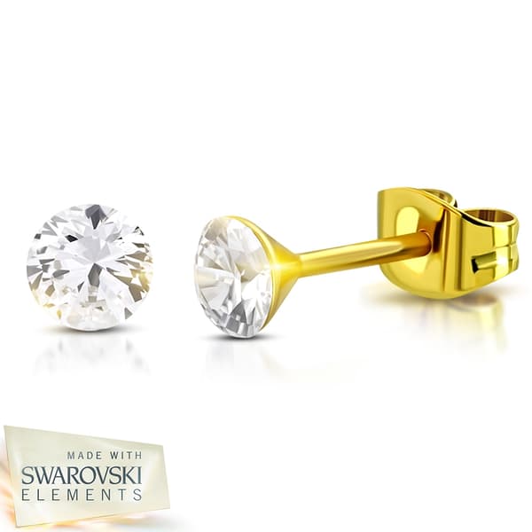 Stiftörhängen Stud Örhängen i Kirurgiskt Stål 316L i Guld Färg med Rund Klar/Vit Swarovski® Kristall – 3 mm