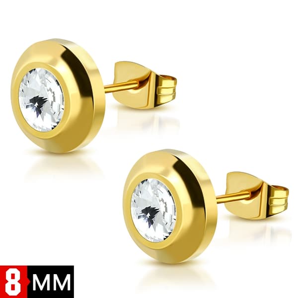 Stiftörhängen Stål 316L 8 mm Rund  klar Cubic Zircon Guld Färg