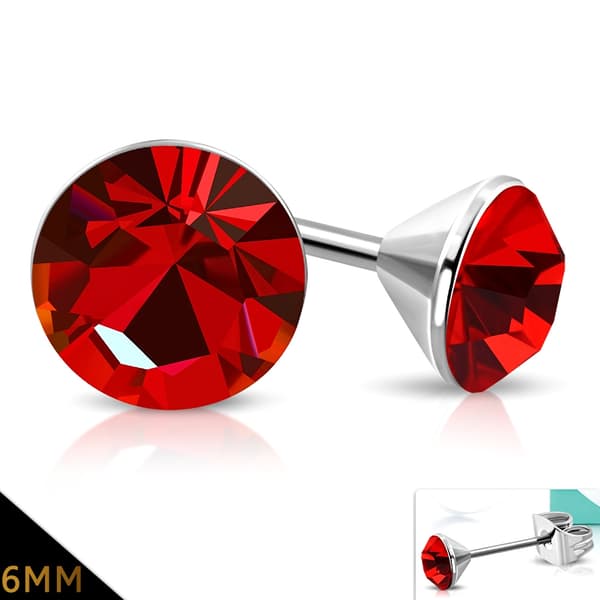 Stiftörhängen Stål 316L Rund Cubic Zircon Röd 6 mm