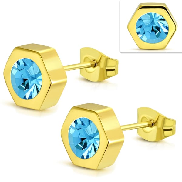 Stiftörhängen Stud Örhängen i Kirurgiskt Stål 316L i Guld Färg - Sexhörning / Hexagon med Turkos-Blå Cubic Zircon