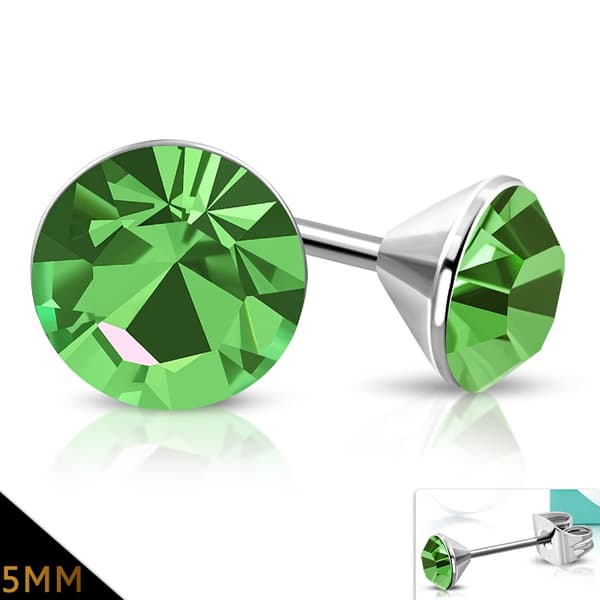 Stiftörhängen Stål 316L Rund grön Cubic Zircon 5 mm