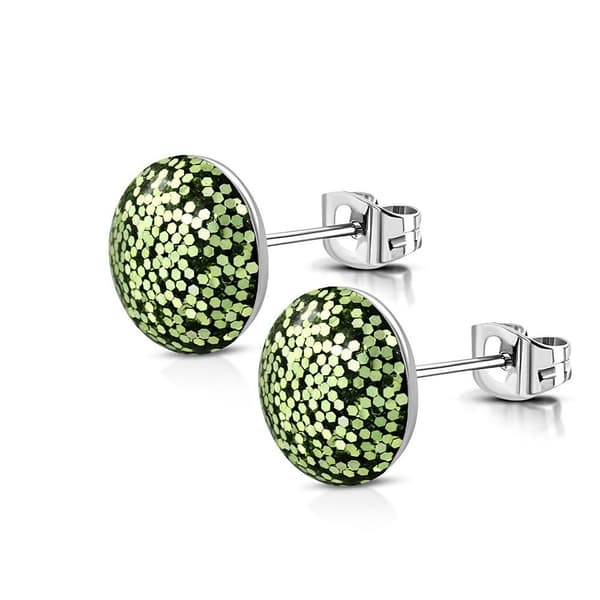 Stiftörhängen Stud Örhängen i Kirurgiskt Stål 316L i Silver Färg - Cirkel med Ljus Grönt Glitter - 8 mm